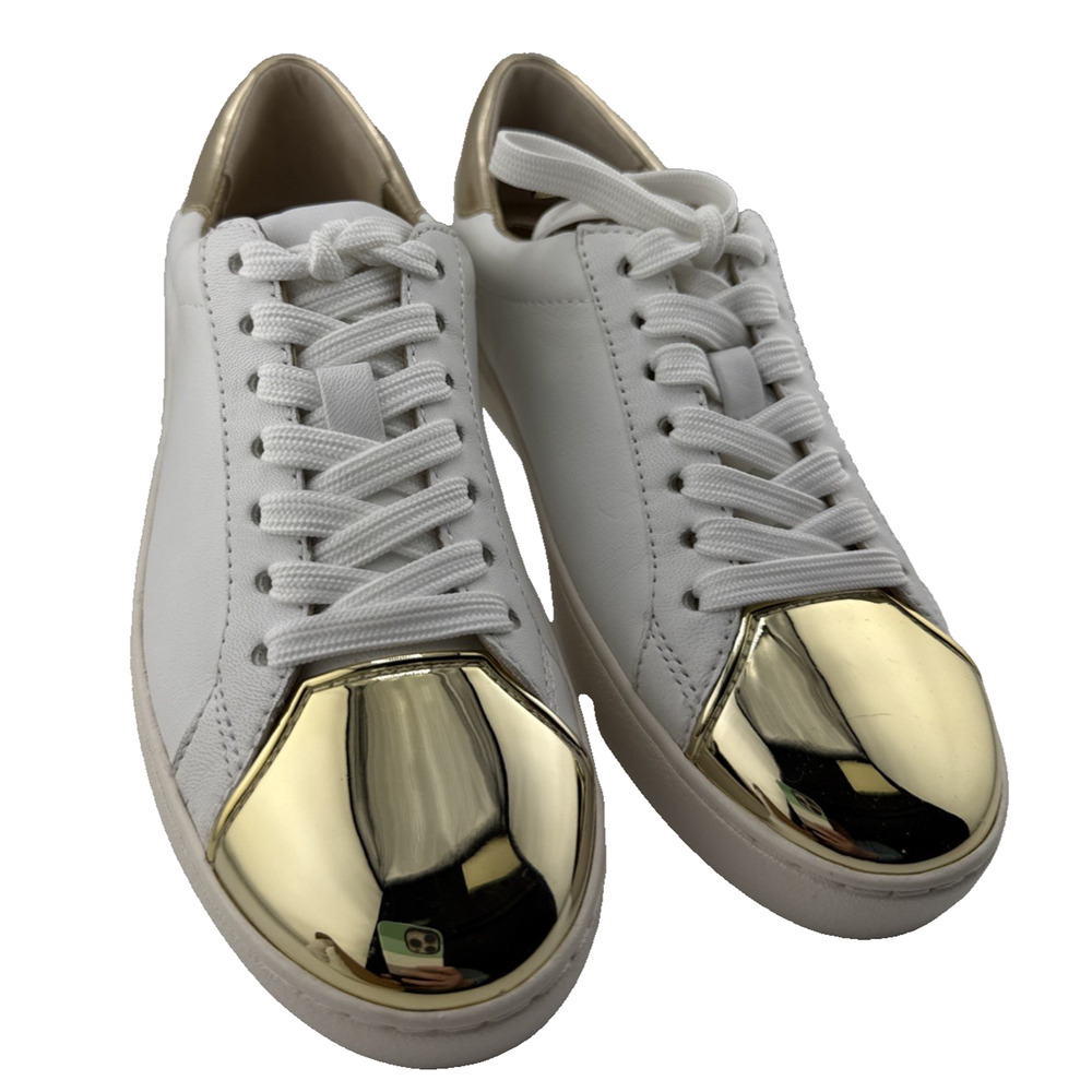 Michael Kors Frankie‎ Stripe White & Gold Leather Shoes Women Size 5 NWOB - Picture 2 of 11